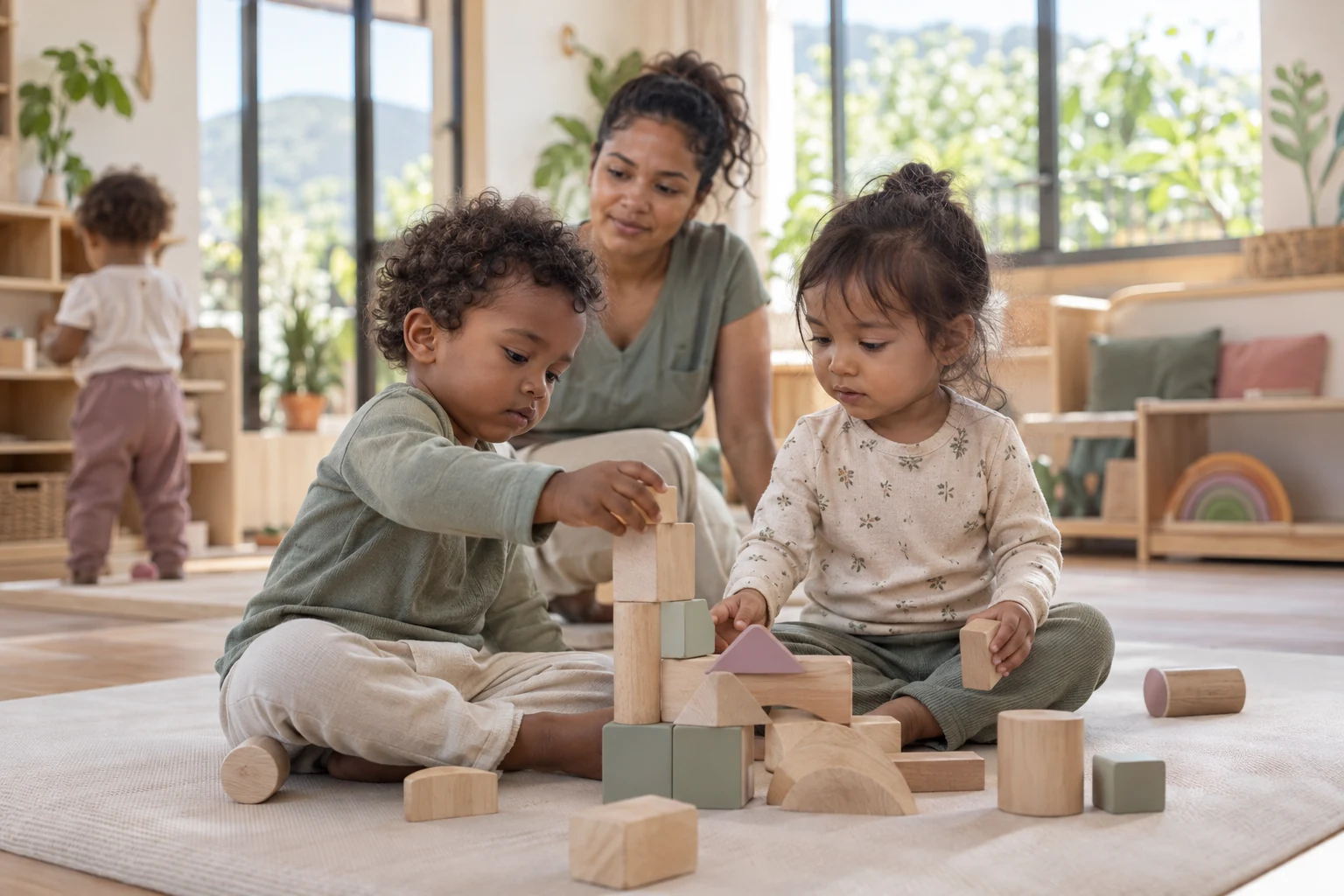 Deux jeunes enfants découvrent des jeux de construction auprès d’une professionnelle, scène générée